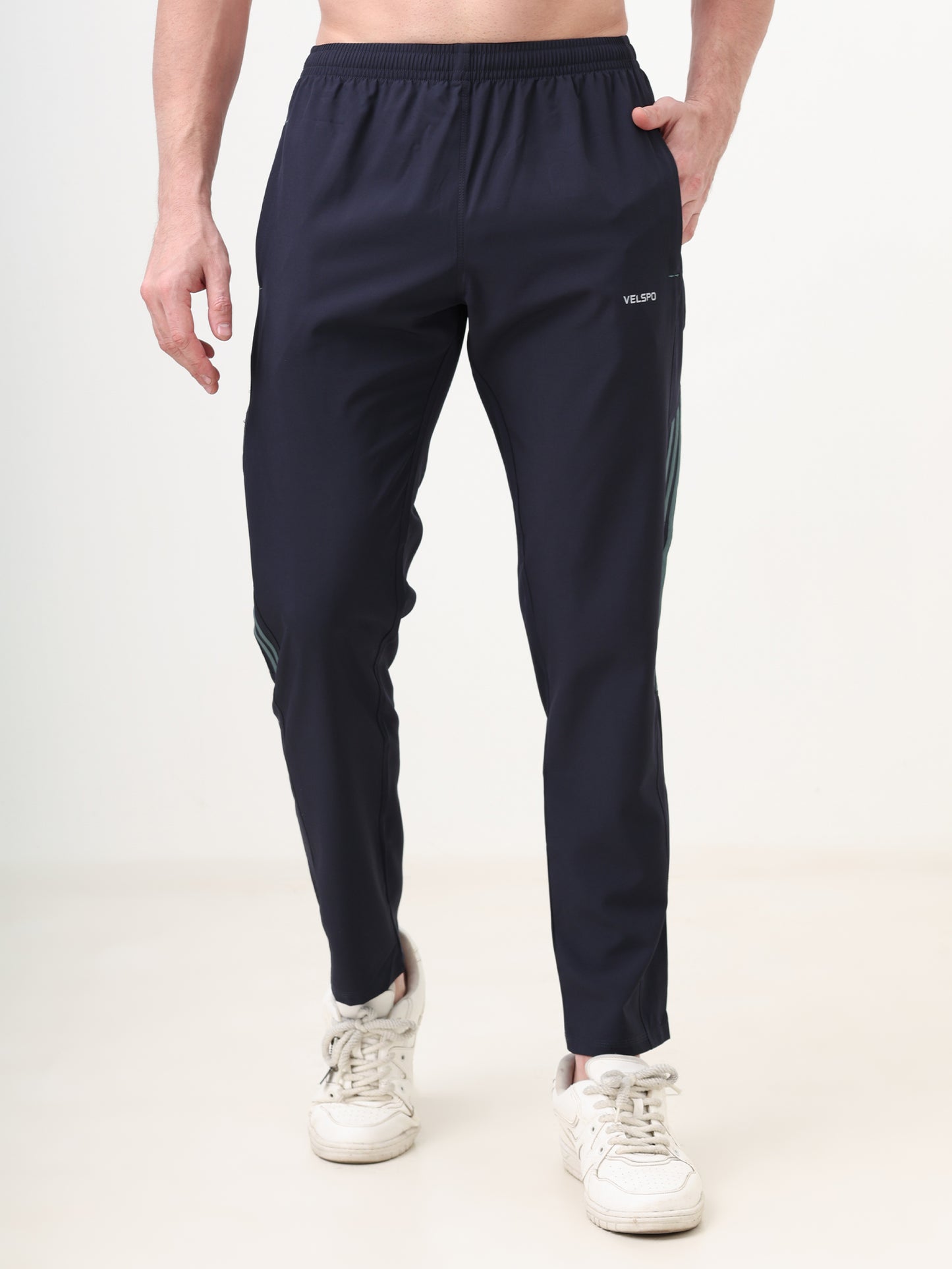 Fitmax Men's Track Pants - Navy Blue with Green Strips