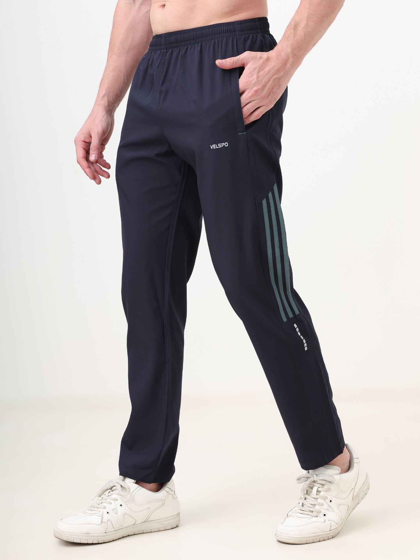 Fitmax Men's Track Pants - Navy Blue with Green Strips