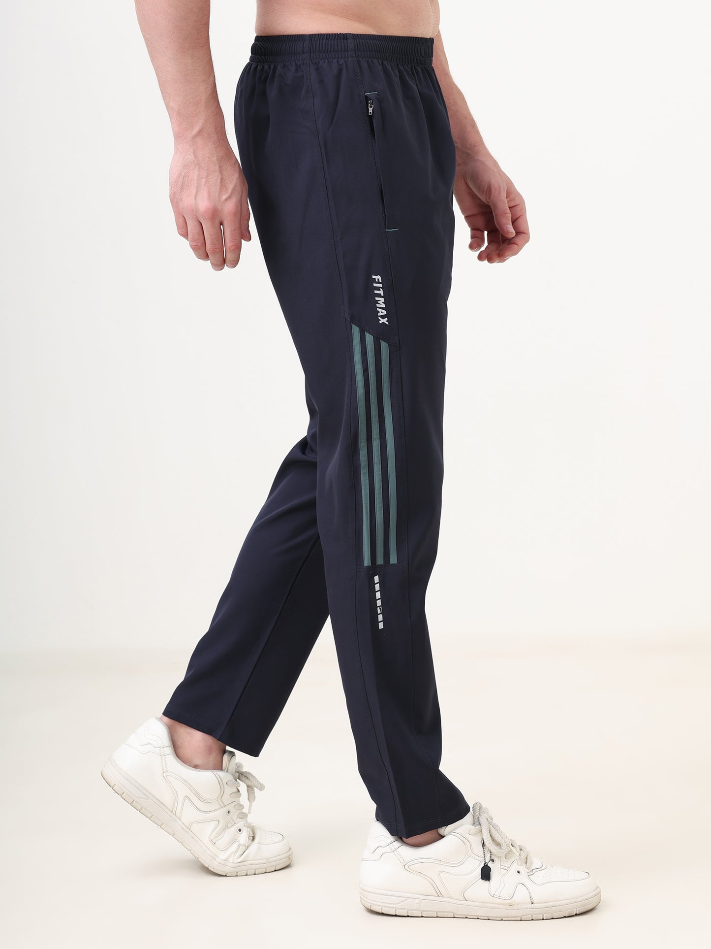 Fitmax Men's Track Pants - Navy Blue with Green Strips