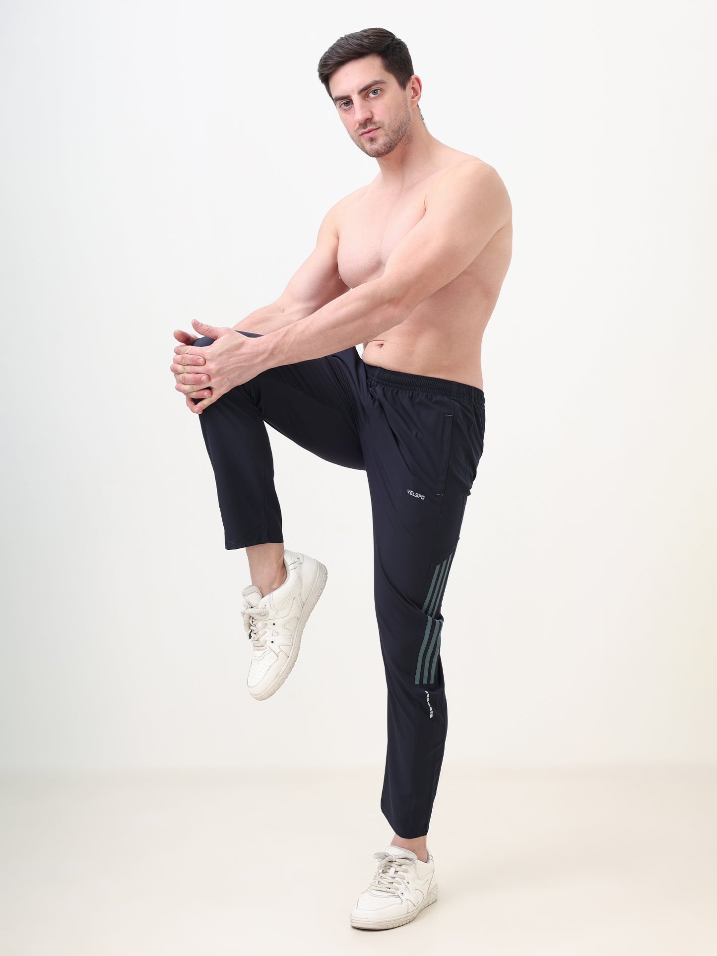 Fitmax Men's Track Pants - Navy Blue with Green Strips